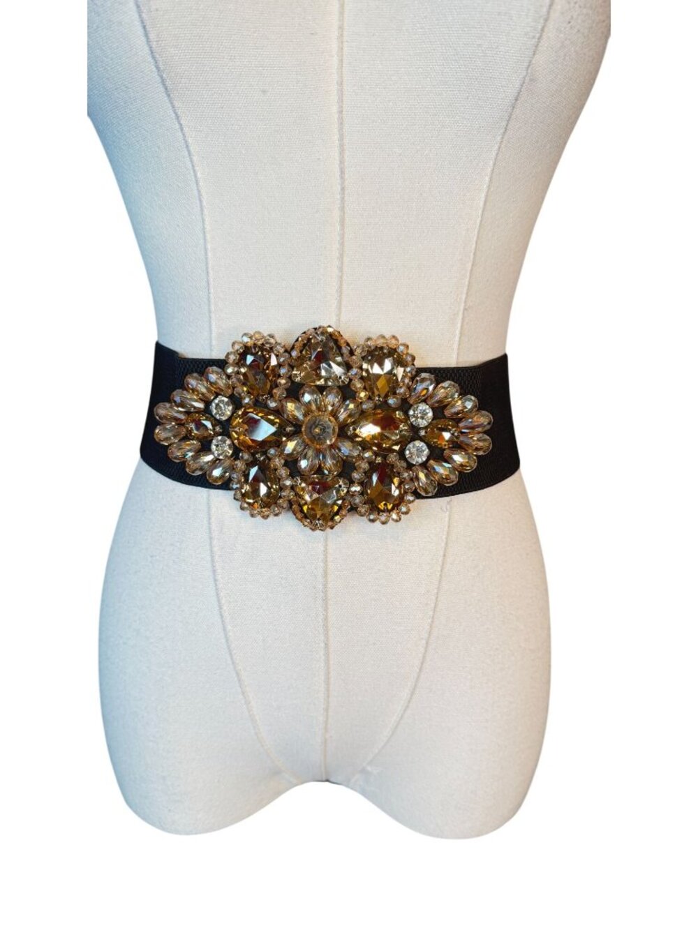 NEW 2/$30 Vintage Style Champagne Beige Rhinestone Floral Stretch Belt - Picture 4 of 7